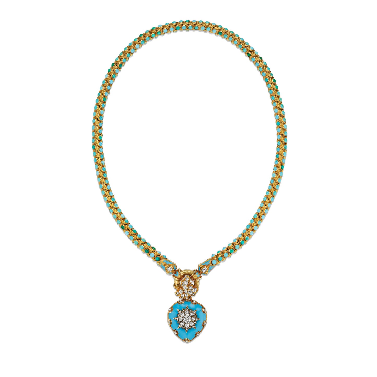 Macklowe Gallery Turquoise, Diamond and Enamel Serpent and Heart Locket Necklace