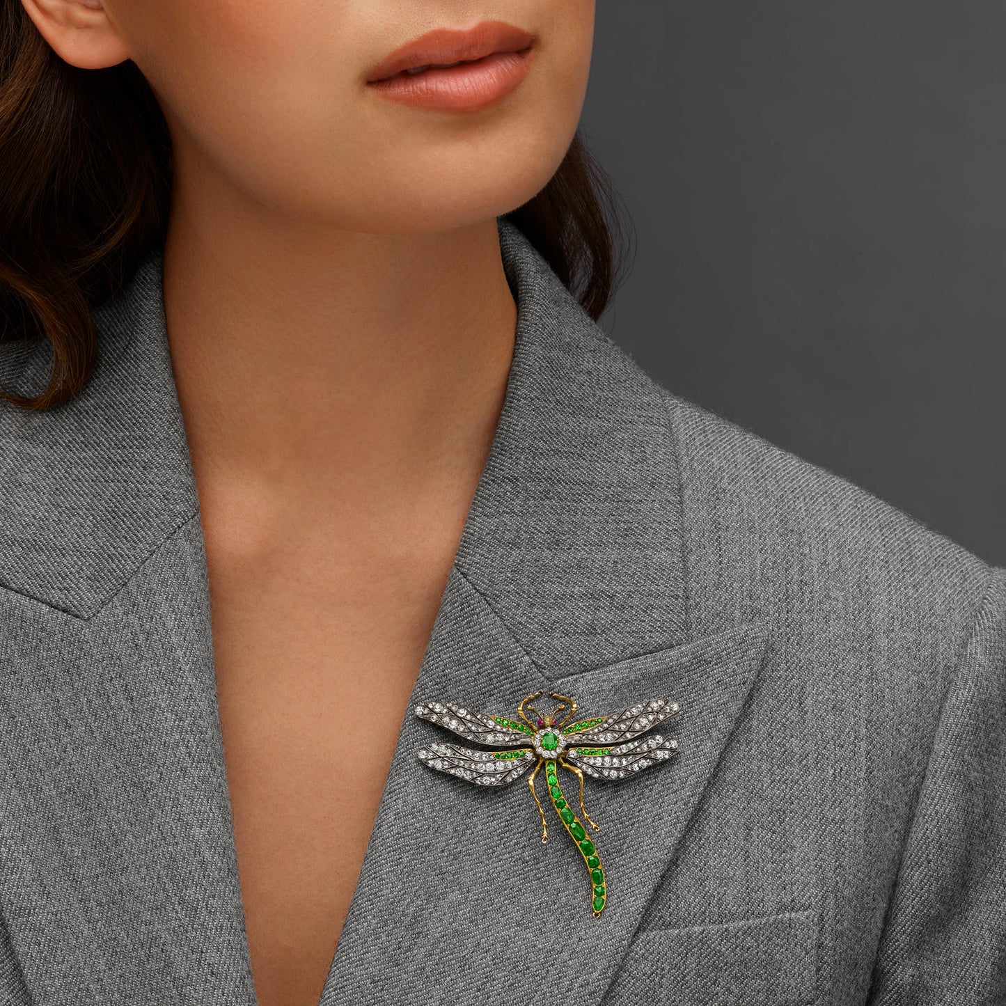 Macklowe Gallery Antique Demantoid Garnet and Diamond Dragonfly Brooch