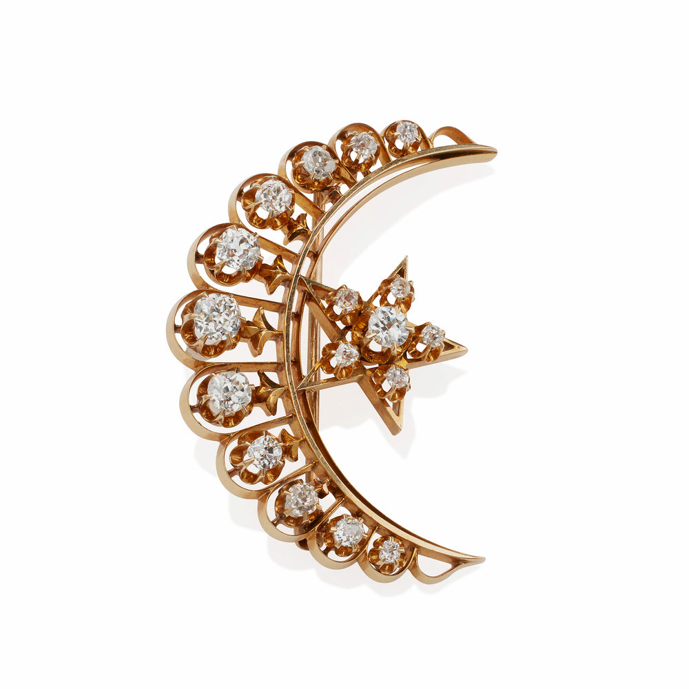 Macklowe Gallery Old Mine-cut Diamond Star and Crescent New Moon Brooch