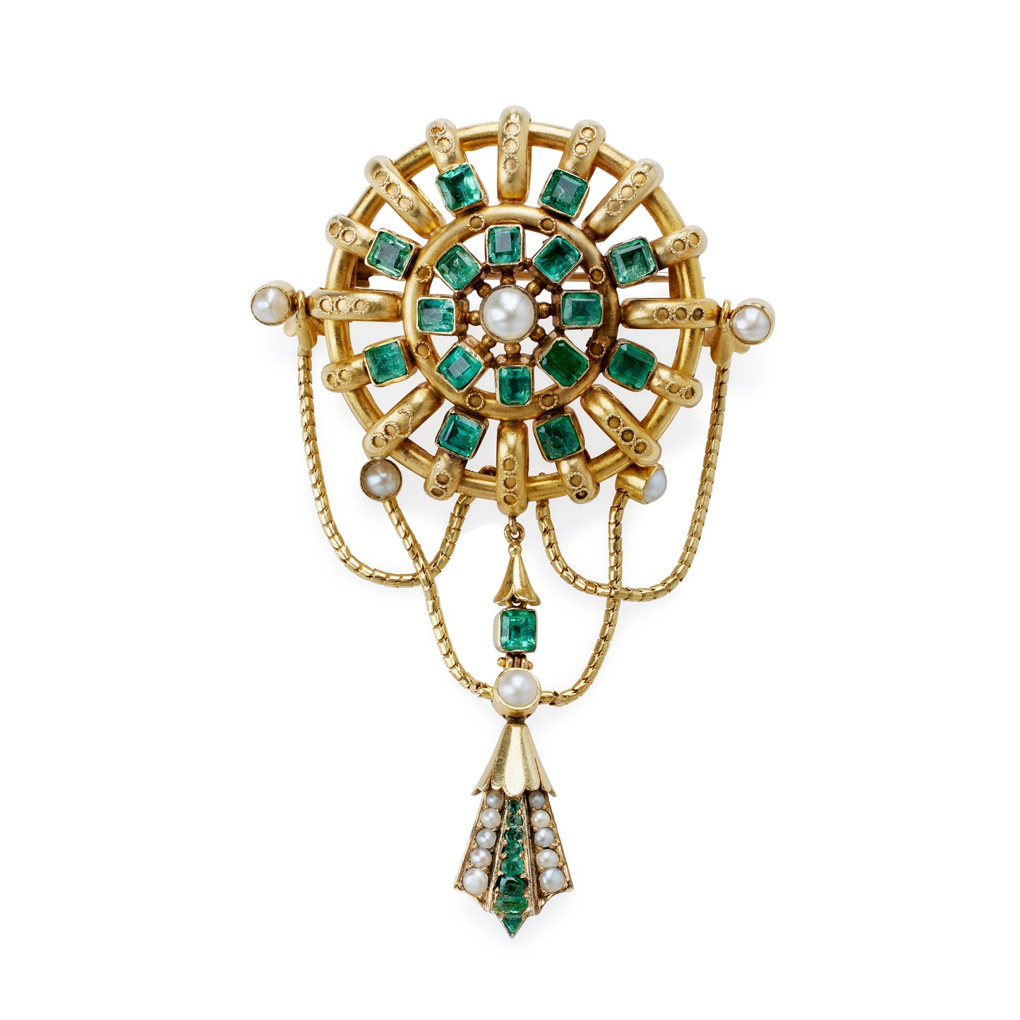 Macklowe Gallery Carlo Giuliano Renaissance Revival 18K Gold and Emerald Brooch