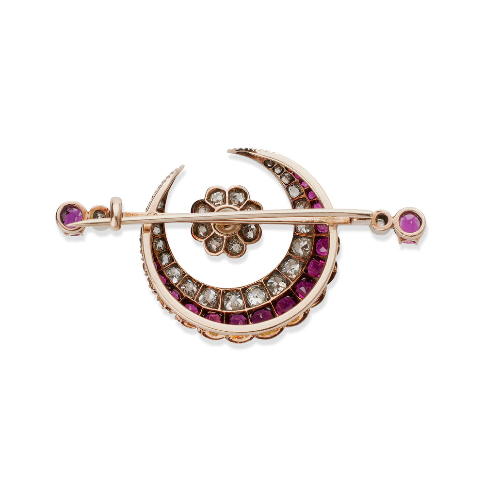 
                      
                        Macklowe Gallery Carrington & Co. Antique Ruby, Diamond and Pearl Crescent Brooch
                      
                    