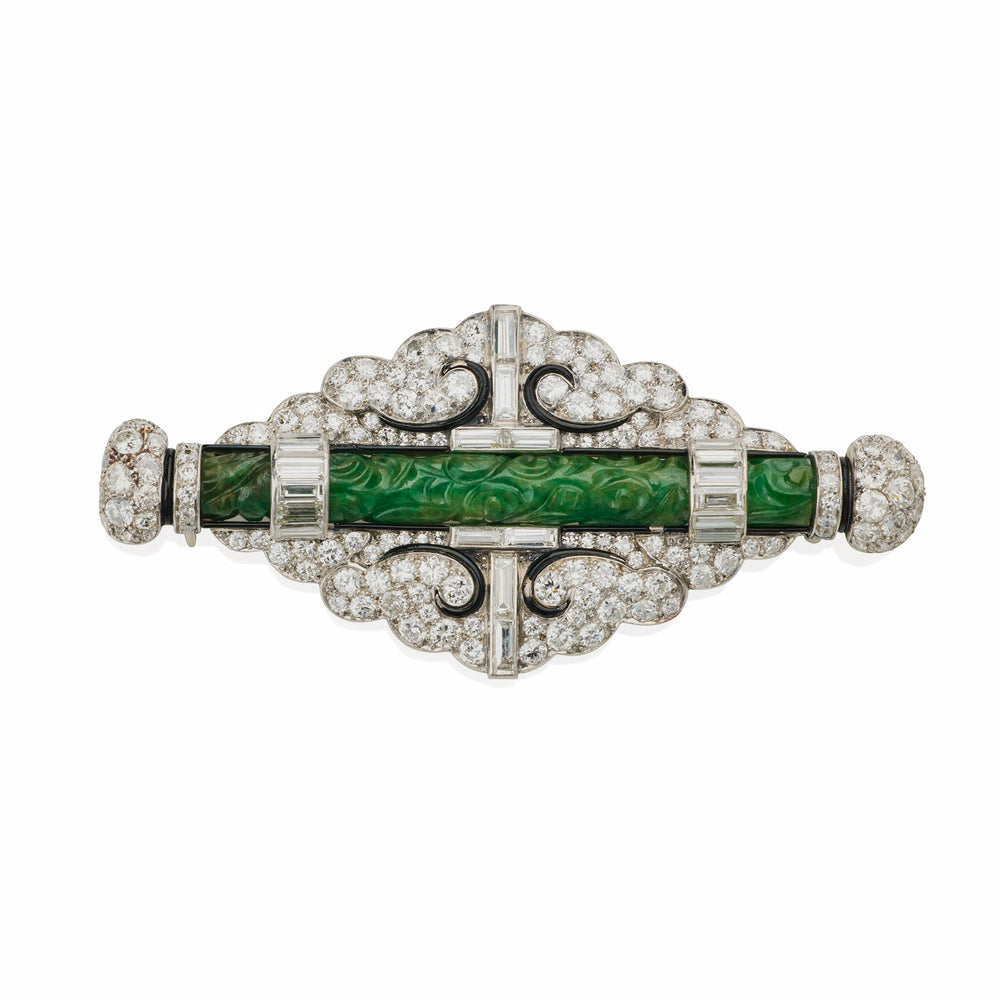 Macklowe Gallery Cartier Art Deco Jadeite and Diamond Brooch