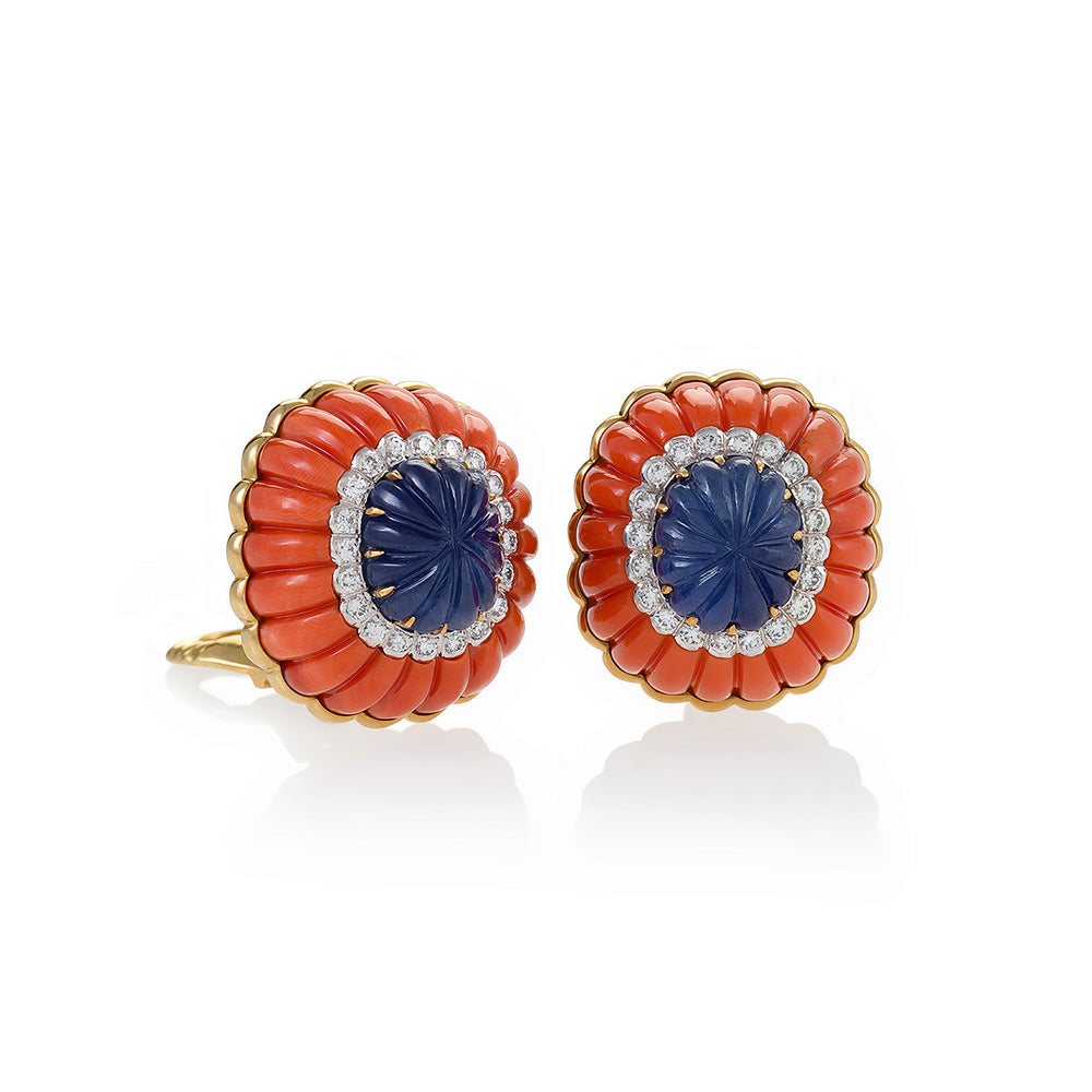 Macklowe Gallery David Webb Coral and Sapphire Button Earrings