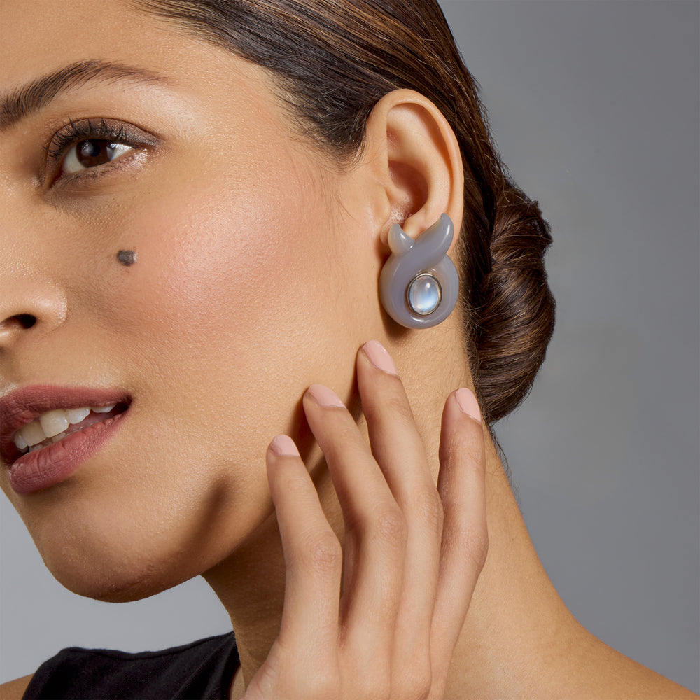 
                      
                        Macklowe Gallery Verdura Moonstone and Carved Chalcedony "Twisted Ribbon" Clip Earrings
                      
                    