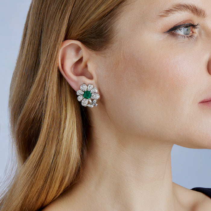 Macklowe Gallery Gazdar Mumbai Emerald and Diamond Flower Clip Earrings