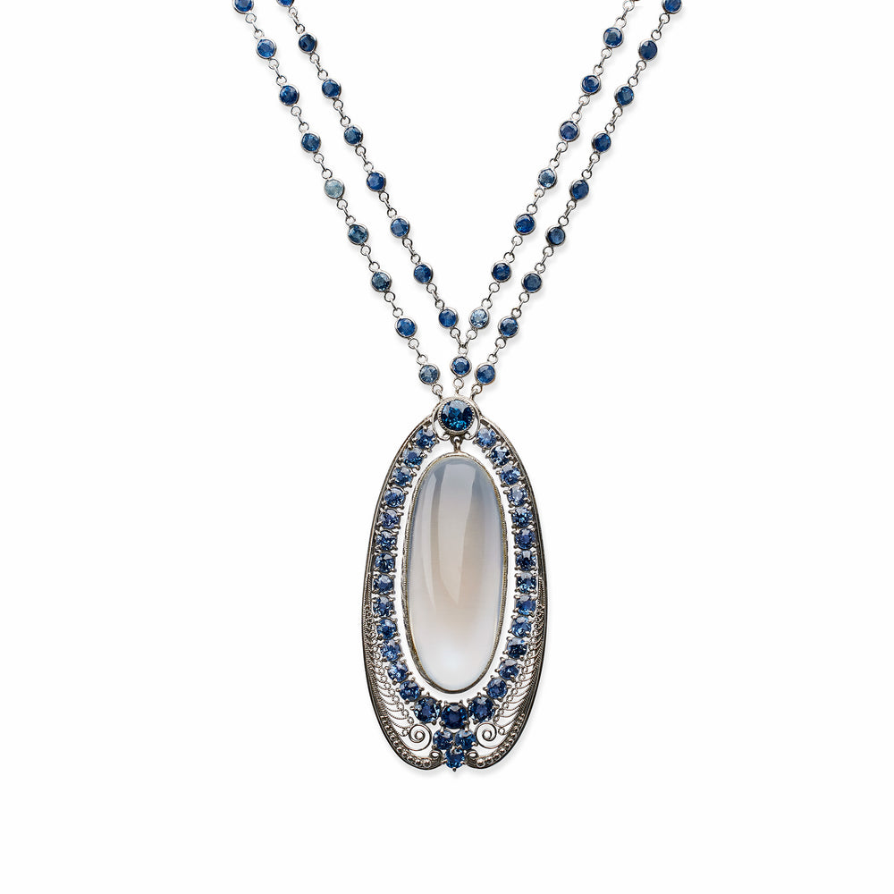 Macklowe Gallery Louis Tiffany Moonstone and Sapphire Pendant Necklace, Tiffany & Co.