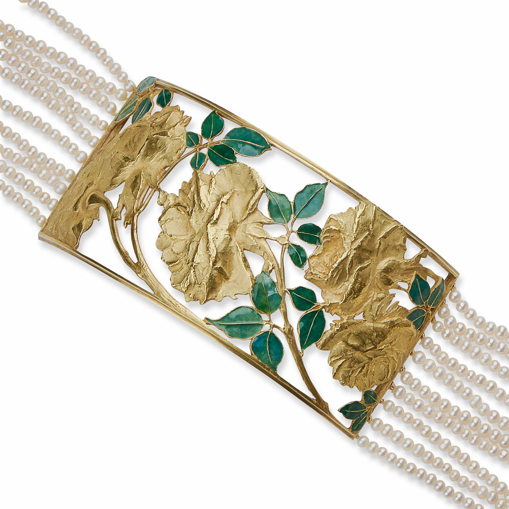 Macklowe Gallery René Lalique Art Nouveau 18K Gold, Enamel and Seed Pearl "Collier de chien" Necklace