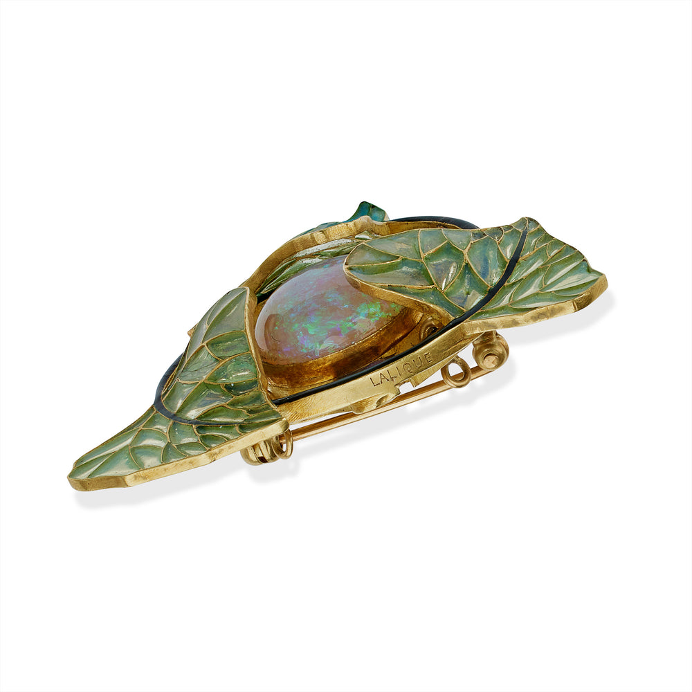 
                      
                        Macklowe Gallery René Lalique Art Nouveau Plique-à-jour Enamel and Fire Opal Pendant Necklace
                      
                    