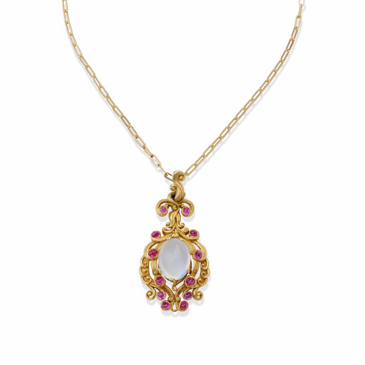 Macklowe Gallery Moonstone and Ruby Gold Pendant Necklace