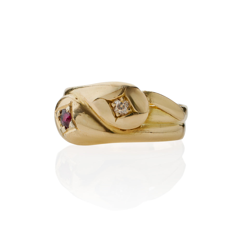 
                      
                        Macklowe Gallery Antique English 18K Gold, Diamond and Ruby Double Snake Ring
                      
                    