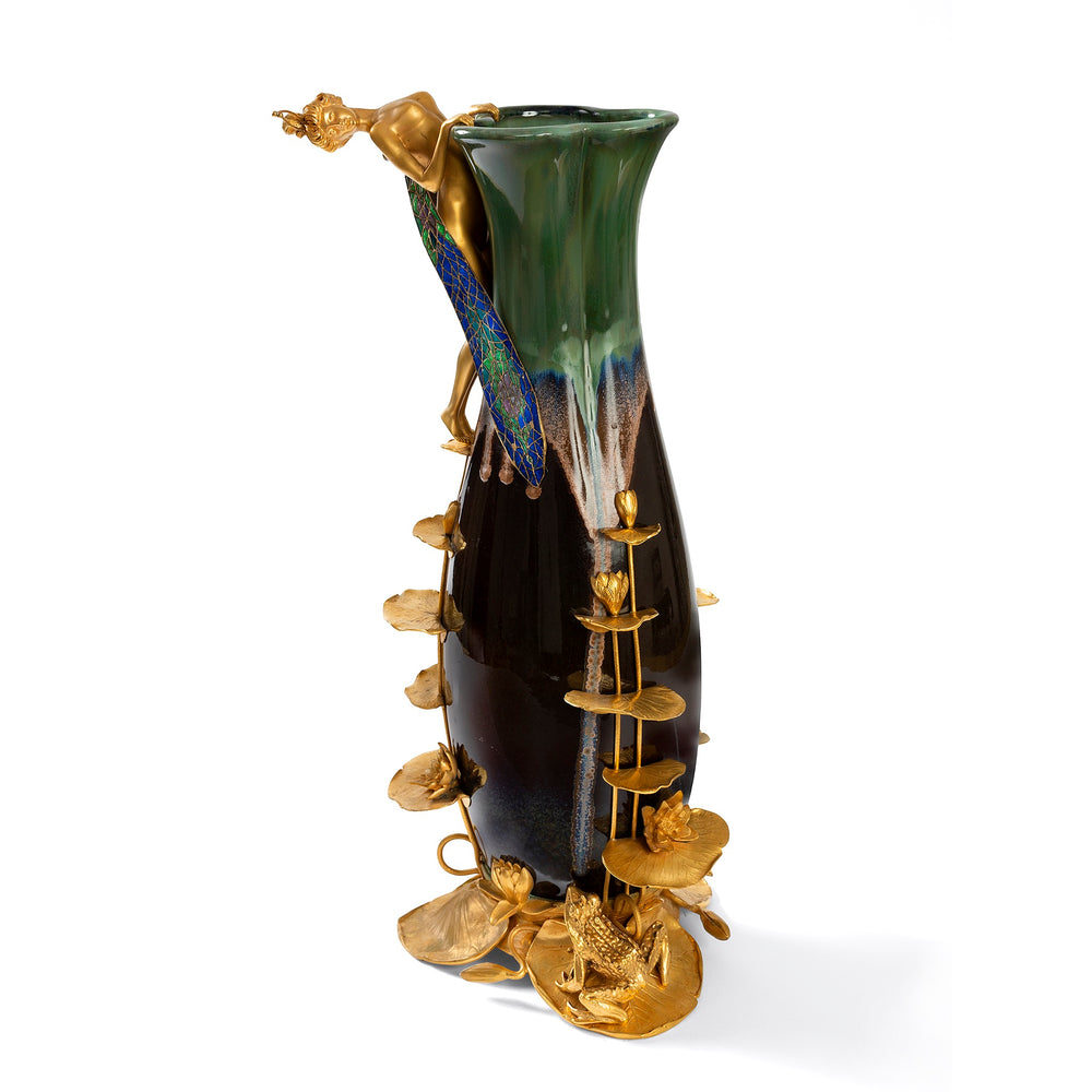Macklowe Gallery Louis Chalon "Libellule" Enamel, Gilt Bronze, and Ceramic Vase