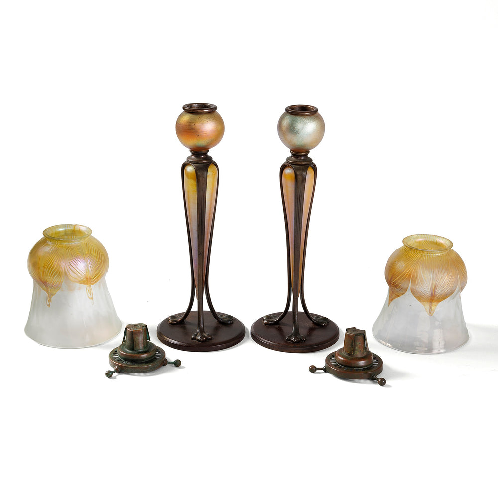 
                      
                        Macklowe Gallery Tiffany Studios New York Pair of "Catspaw" Candlesticks with Favrile Shades
                      
                    