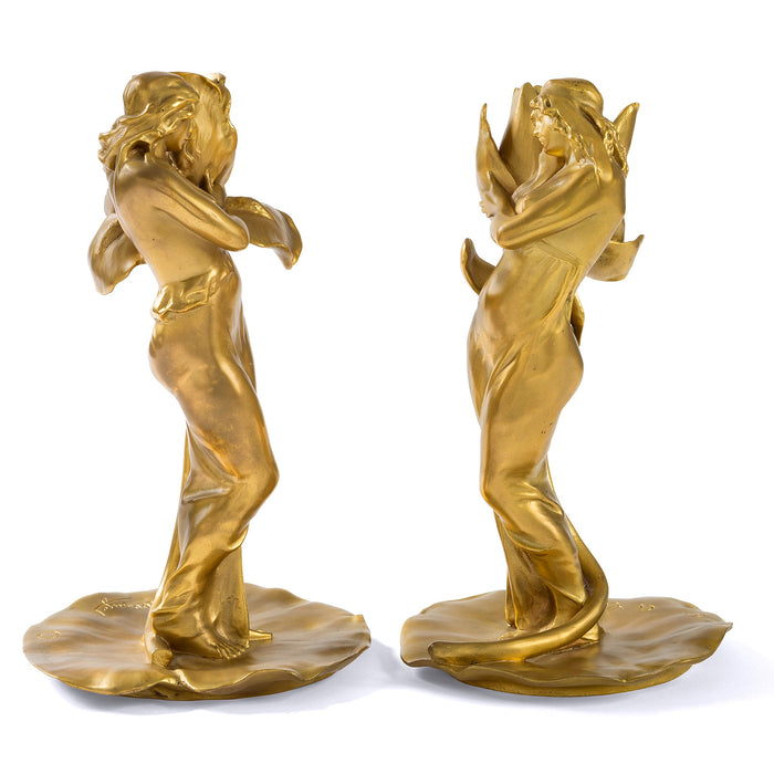 Macklowe Gallery Alexandre Clerget "Iris & Lotus" Gilt Bronze Candlesticks