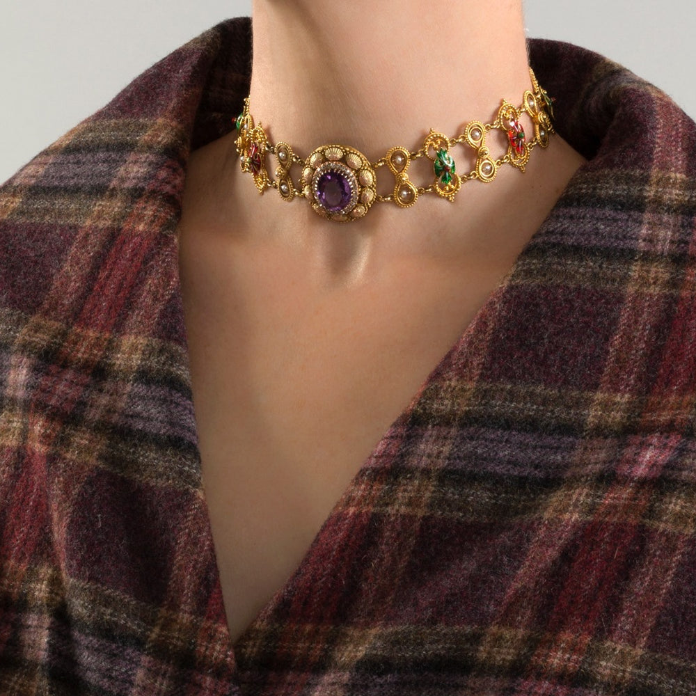
                      
                        Macklowe Gallery Amethyst and Basse-Taille Enamel Gold Plaque Necklace
                      
                    
