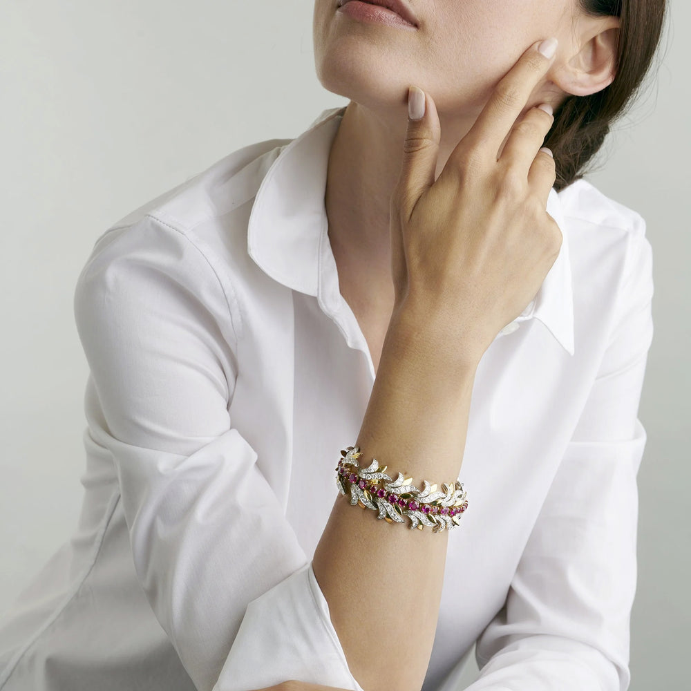 
                      
                        Macklowe Gallery Tiffany & Co. Burmese Ruby and Diamond Leaf Bracelet
                      
                    
