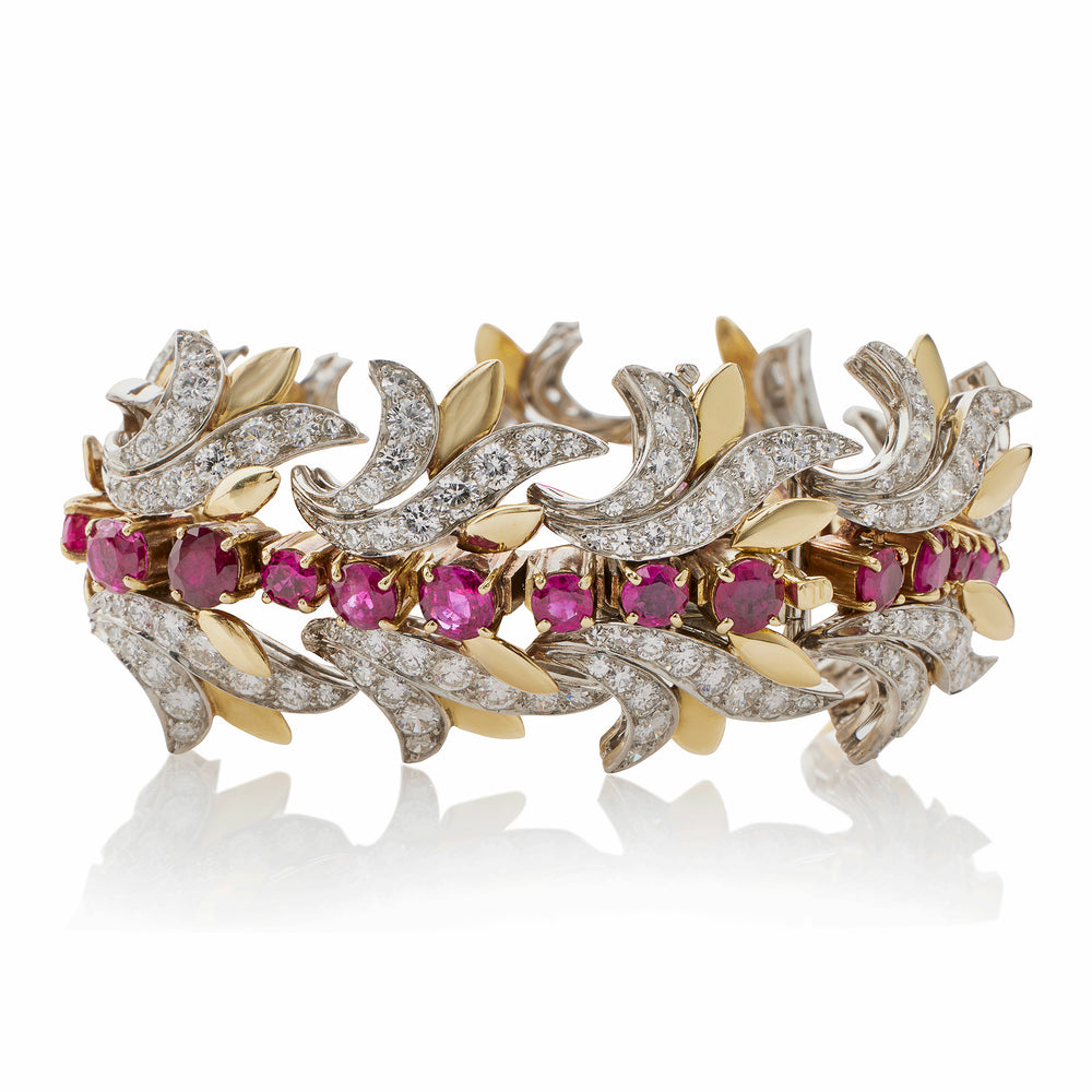 
                      
                        Macklowe Gallery Tiffany & Co. Burmese Ruby and Diamond Leaf Bracelet
                      
                    