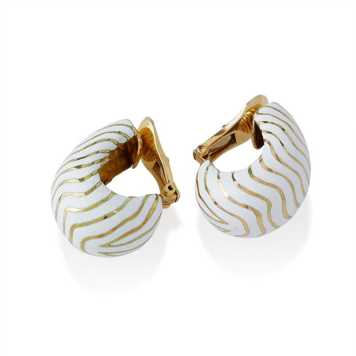 Macklowe Gallery David Webb White Enamel Tiger Stripe Clip Earrings