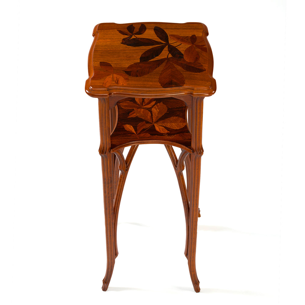 
                      
                        Émile Gallé French Walnut and Fruitwood Marquetry Two-Tiered Pedestal
                      
                    