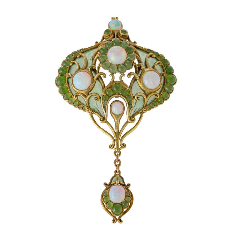 
                      
                        Macklowe Gallery Marcus & Co. Opal, Chrysoprase, and Plique-à-Jour Enamel Brooch
                      
                    