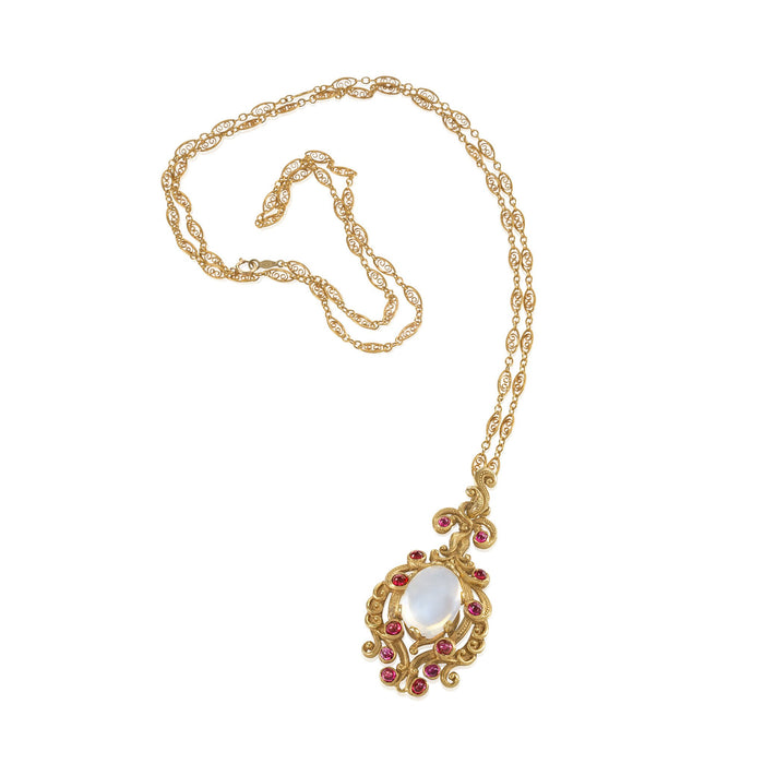 Macklowe Gallery Moonstone and Ruby Gold Pendant Necklace