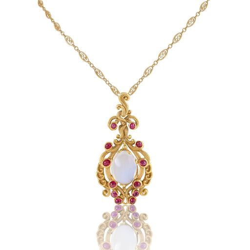 Macklowe Gallery Moonstone and Ruby Gold Pendant Necklace