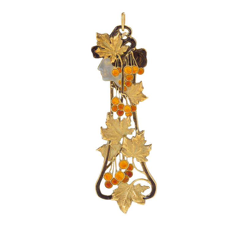 
                      
                        Macklowe Gallery René Lalique “Automne” Gold and Basse-Taille Enamel Pendant
                      
                    