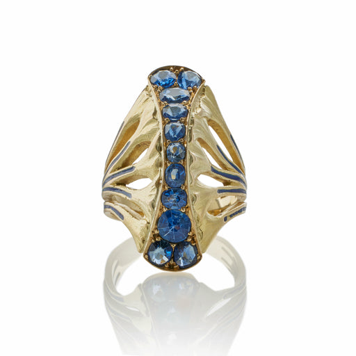 Macklowe Gallery Rare Edouard de Martilly Paris Sapphire and Enamel Lotus Flower Ring