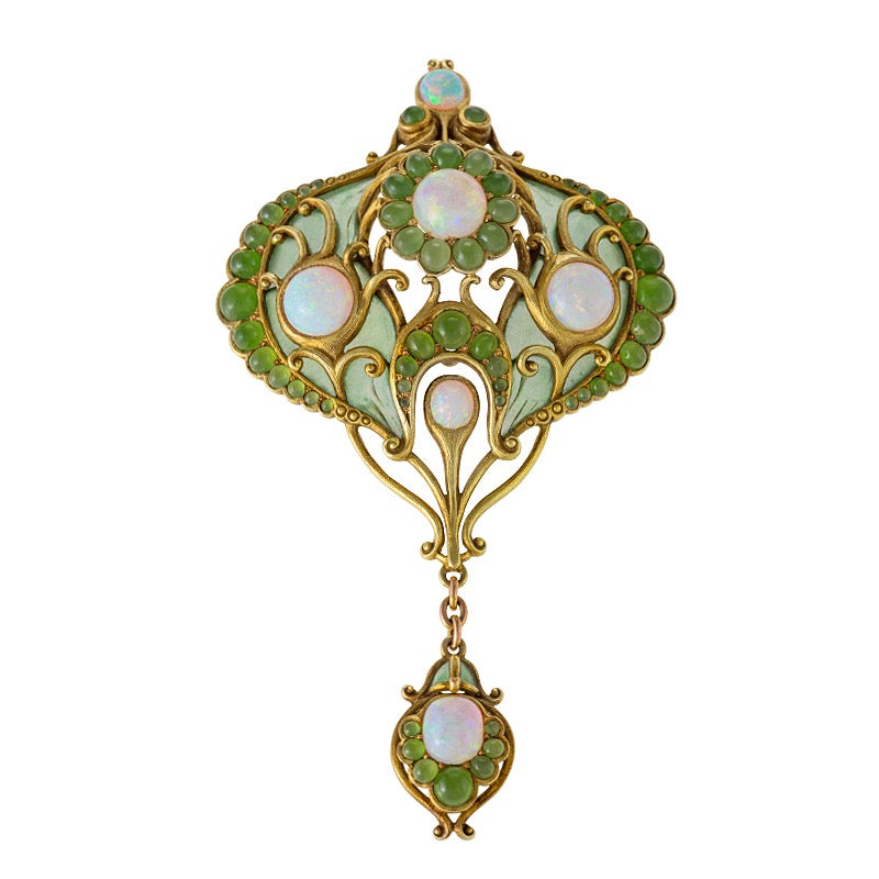 
                      
                        Macklowe Gallery Marcus & Co. Opal, Chrysoprase, and Plique-à-Jour Enamel Brooch
                      
                    